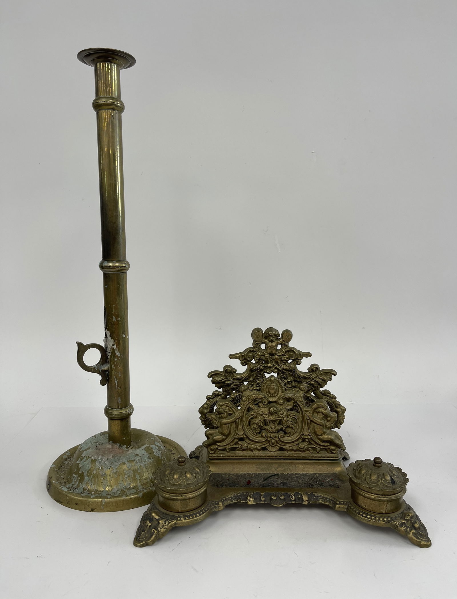 TALL BRASS CANDLESTICK , INKWELL STAND (1 of 2)