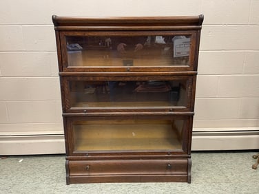 THREE STACKING OAK BOOKCASE WITH BOTTOM DRAWER