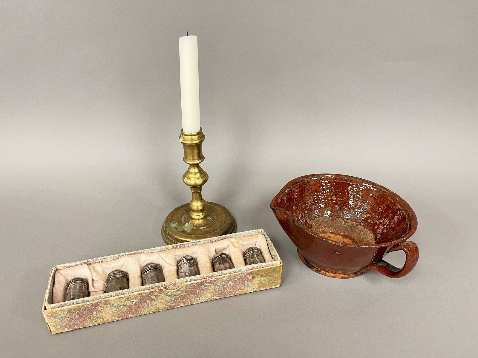 REDWARE BOWL, STERLING SALTS, BRASS CANDLESTICK (1 of 2)