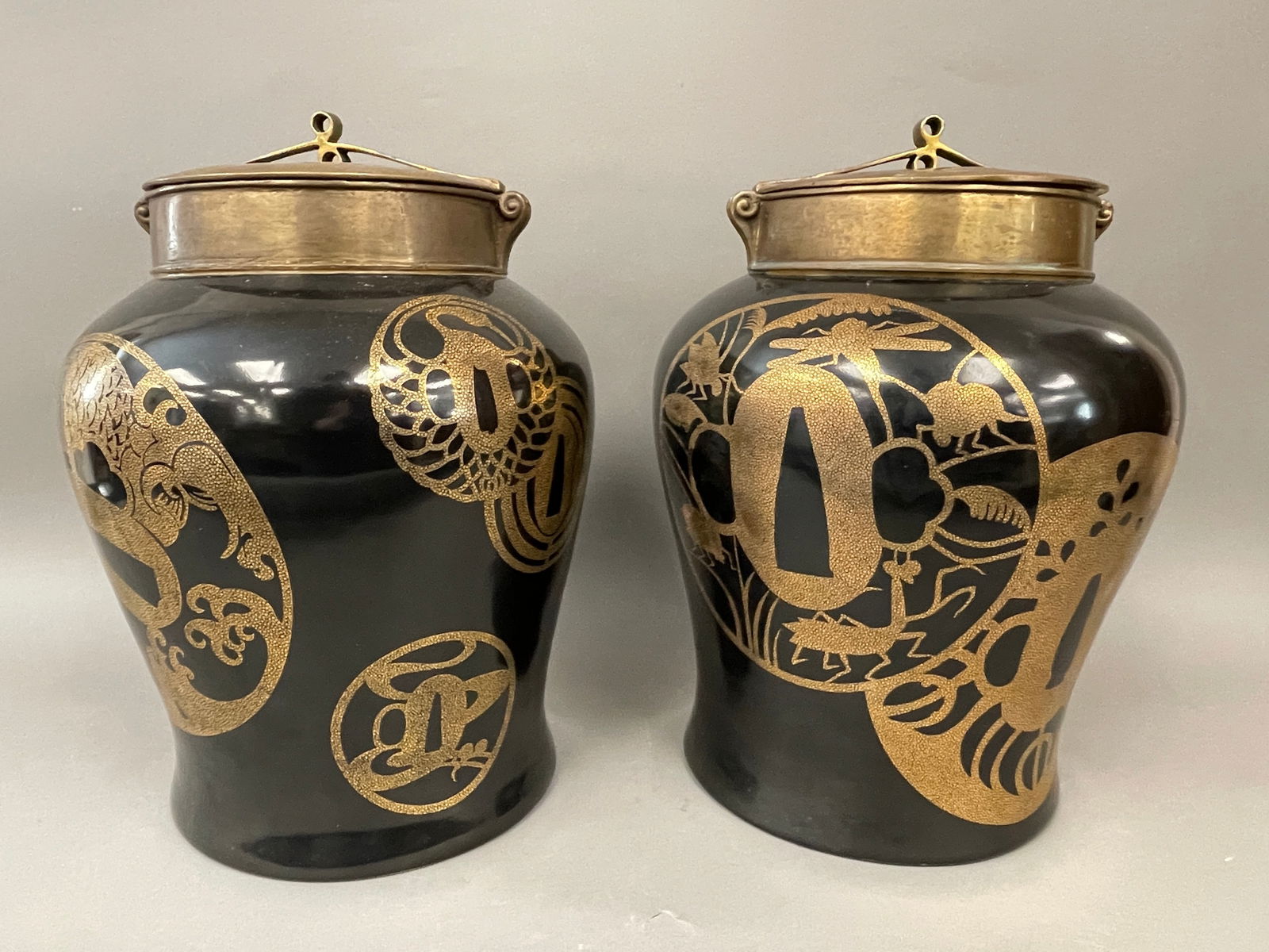 PAIR OF BLACK & GOLD PORCELAIN JARS (1 of 6)