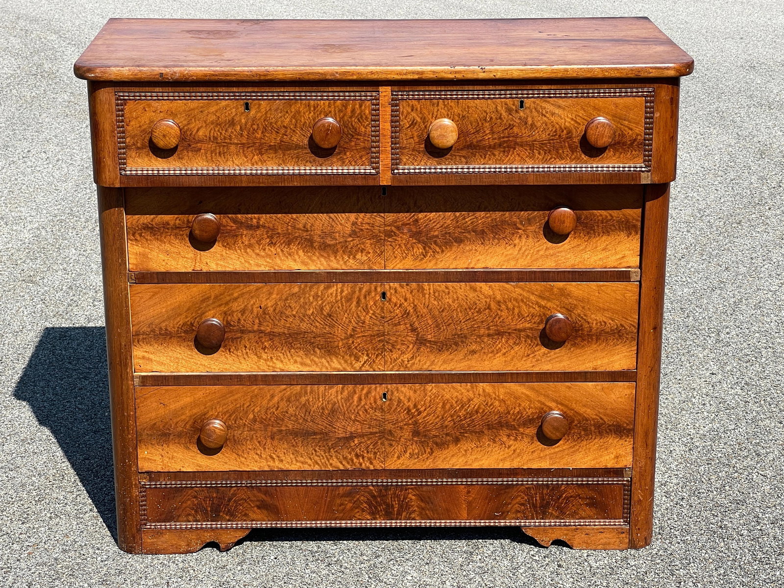 19TH C BURL WALNUT CHEST: 19TH C BURL WALNUT CHEST HAVING TWO OVER FOUR DRAWER IS A MOLDING DRAWER 36" X 39" X 19.25"