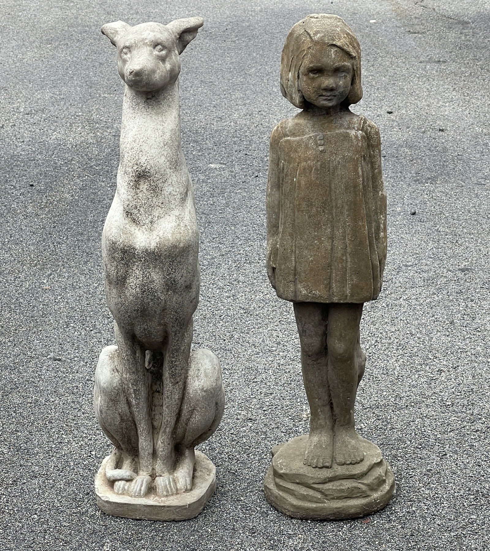 TWO CONCRETE STATUES , GIRL , DOG AS FOUND (1 of 3)