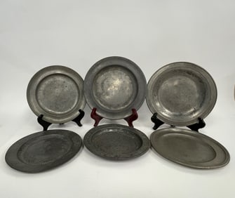 SIX MISC EARLY PEWTER PLATES SOME SIGNED