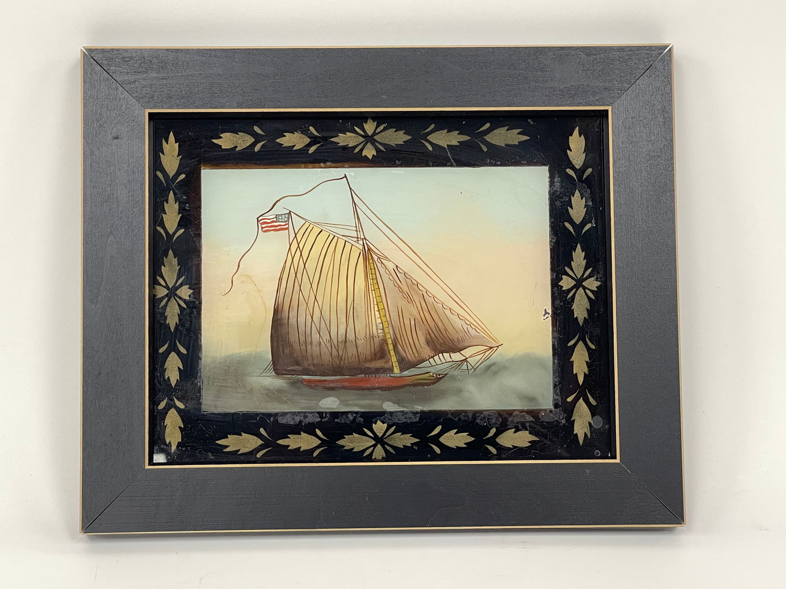 REVERSE PAINTED SAILING SHIP AMERICAN FLAG (1 of 3)