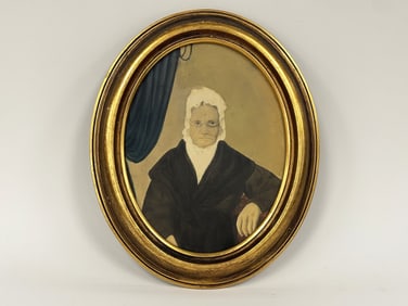 OVAL PORTRAIT PAINTING , ELDERLY LADY , BLUE CURTAIN