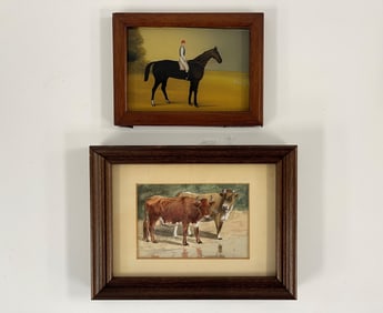 TWO MINIATURE PAINTINGS OF COWS, HORSE AND RIDER