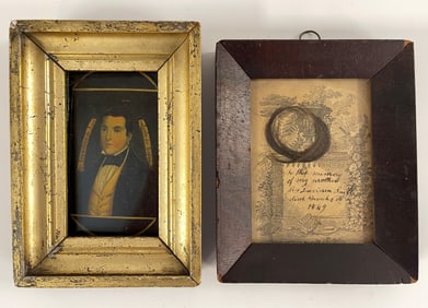TWO SMALL FRAMED ITEMS 1849 MEMORY W/LOCK HAIR , PORTRAIT OF A MAN