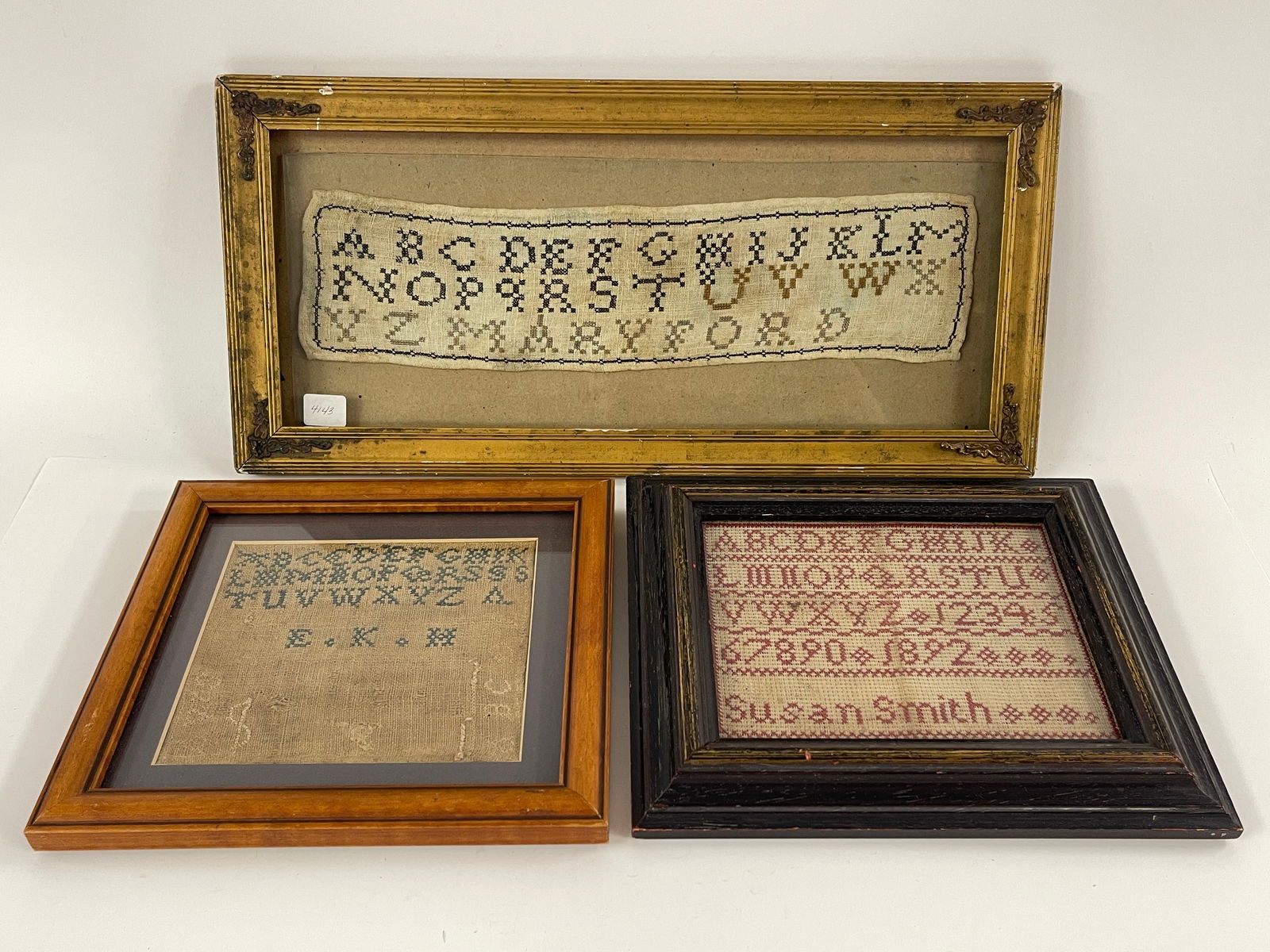 THREE NEEDLEWORK SAMPLERS, SUSAN SMITH 1892: THREE NEEDLEWORK SAMPLERS, SUSAN SMITH 1892