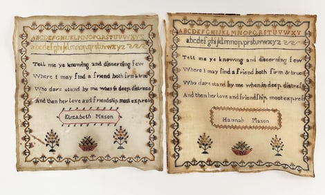 RARE PAIR SISTERS NEEDLEWORK SAMPLERS ELIZABETH AND HANNAH MASON