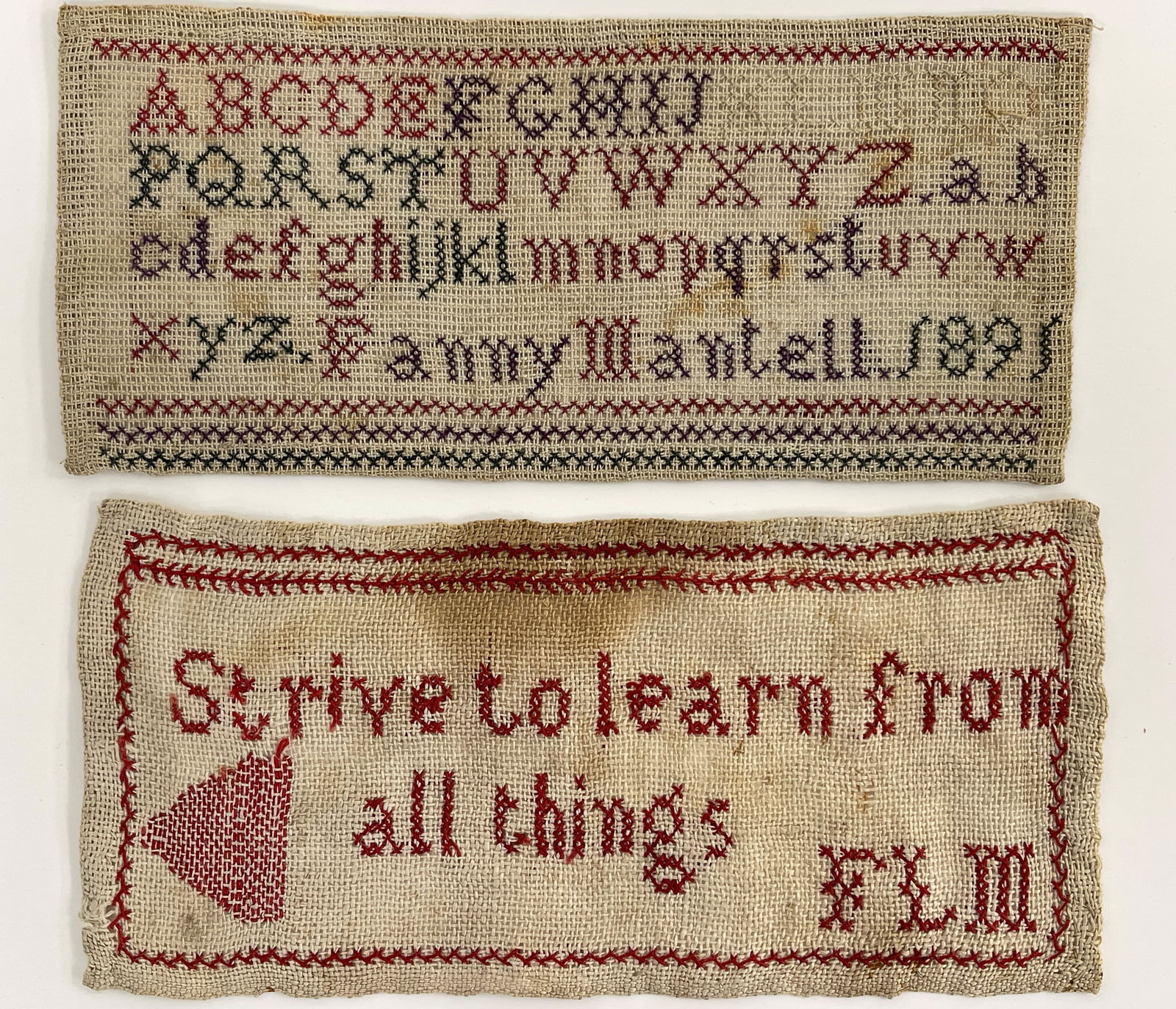 TWO SMALL SAMPLERS FANNY MANTELL 1891: TWO SMALL SAMPLERS FANNY MANTELL 1891 5 X 8