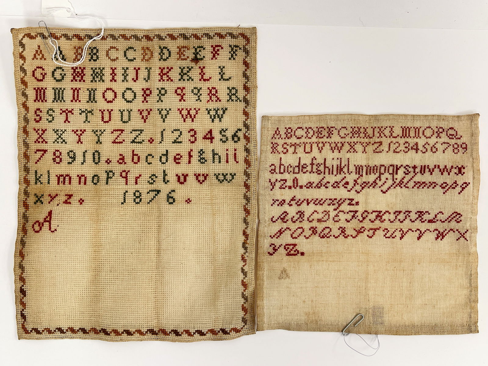 TWO NEEDLEWORK SAMPLERS 1876: TWO NEEDLEWORK SAMPLERS 1876 8 X 12, 7 X 9