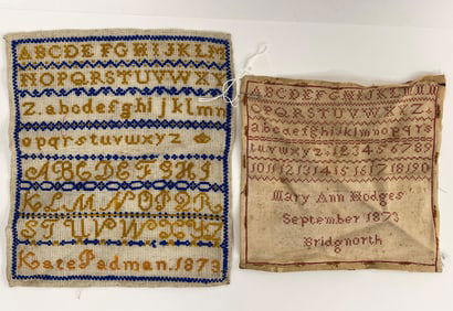 KATE PADMAN 1879 , MARY ANN HODGES 1873 , TWO NEEDLEWORK SAMPLER