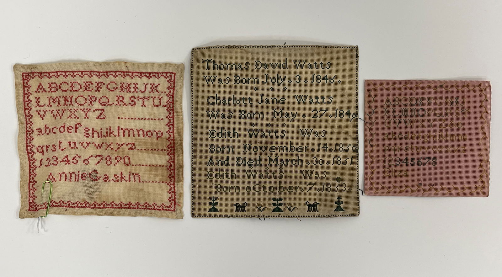 THREE MINIATURE NEEDLEWORK SAMPLERS: THREE MINIATURE NEEDLEWORK SAMPLERS LARGEST 5.5 X 8