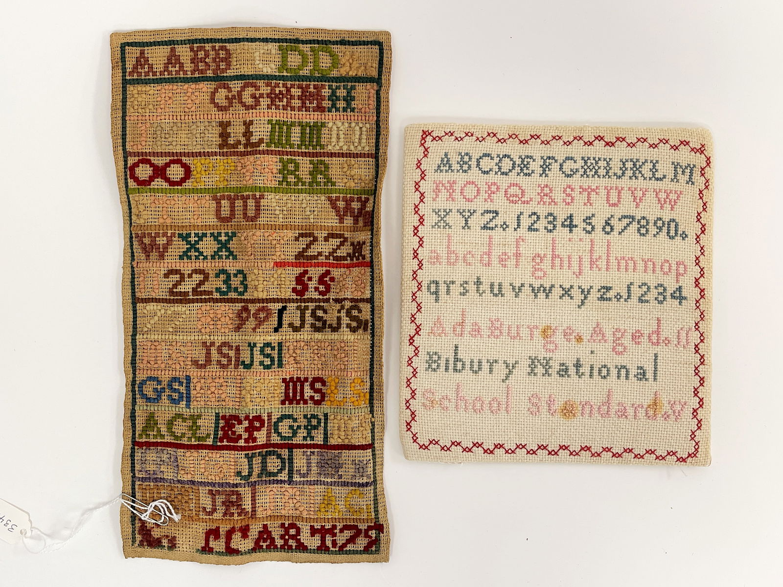 TWO NEEDLEWORK SAMPLERS ADA BURGE , AGE 11: TWO NEEDLEWORK SAMPLERS ADA BURGE , AGE 11 LARGEST 6 X 14