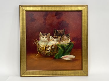 O/B PAINTING OF KITTENS IN A BASKET SIGNED