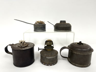 GROUPING OF FIVE MISC TIN OIL LAMPS