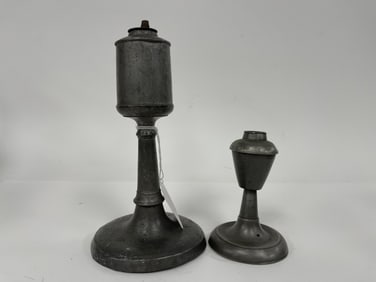 TWO PEWTER WHALE OIL LAMPS