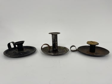 GROUPING OF THREE TIN CANDLE DISHES ONE PUSH UP