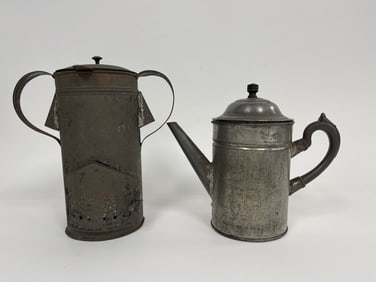 TIN COFFEE POT SIGNED PHILADELPHIA  , PA , TIN FOOD WARMER W/ OIL BURNER