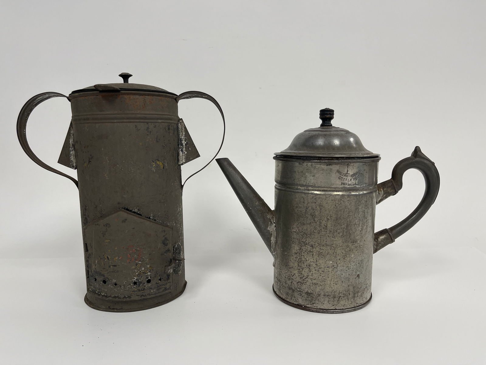 TIN COFFEE POT SIGNED PHILADELPHIA  , PA , TIN FOOD WARMER W/ OIL BURNER (1 of 5)