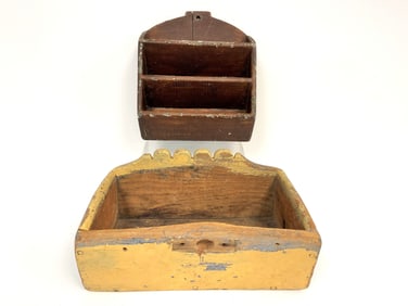TWO PAINTED PRIMITIVE BLUE YELLOW OPEN WALL BOX , LETTER BOX