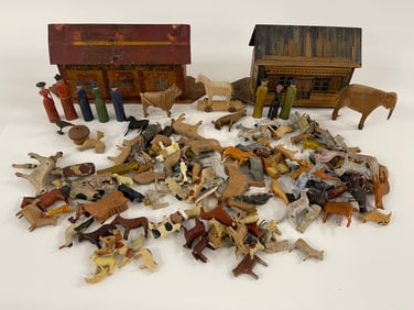 NOAH'S ARK WITH LARGE LOT OF HAND CARVED ANIMALS W/ SMALL HOUSE