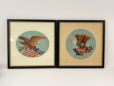TWO FRAMED FOLK ART SEWN AMERICAN EAGLES