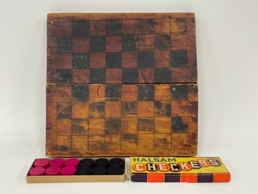 PAINTED FOLDING GAME BOARD WITH CHECKERS