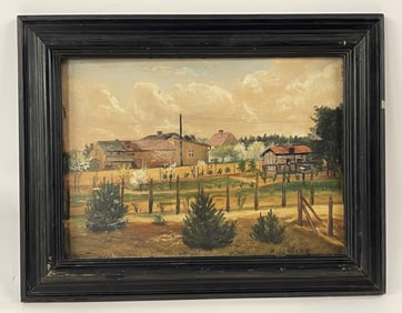O/B PAINTING OF A VILLAGE SIGNED LR