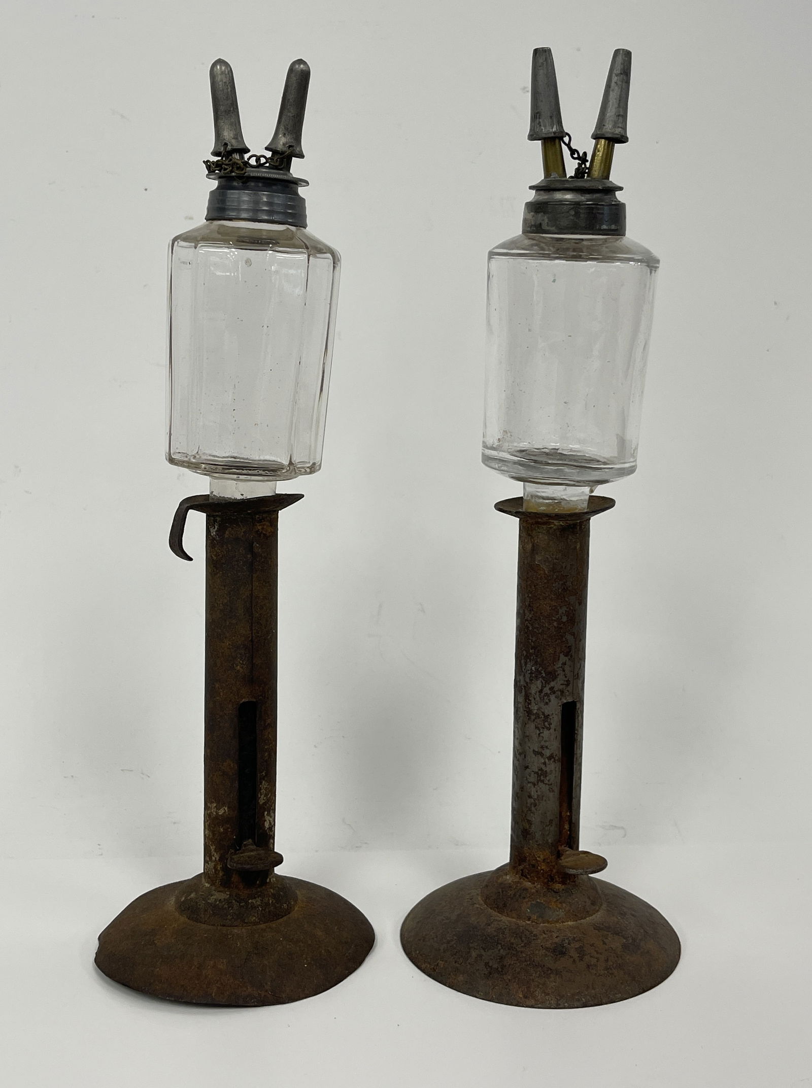 TWO MAKE DO WHALE OIL LAMPS: TWO MAKE DO WHALE OIL LAMPS ON PUSH UP CANDLESTICKS