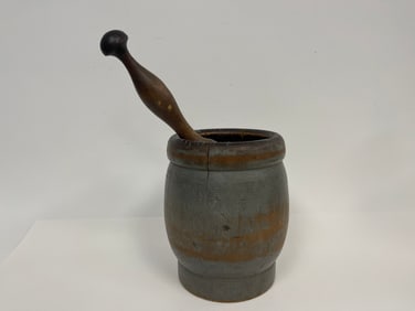 LARGE BLUE PAINTED MORTAR & PESTLE