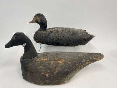 TWO DECOYS , ONE PRIMITIVE PAINTED DUCK , CORK AS FOUND