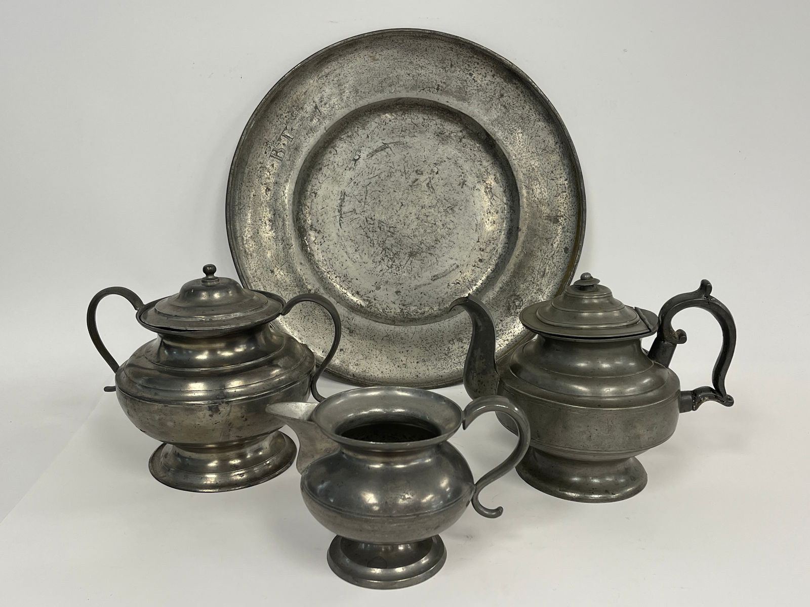 GROUPING OF AMERICAN PEWTER: GROUPING OF AMERICAN PEWTER , ONE SIGNED DUNHAM DATED 1860 13"