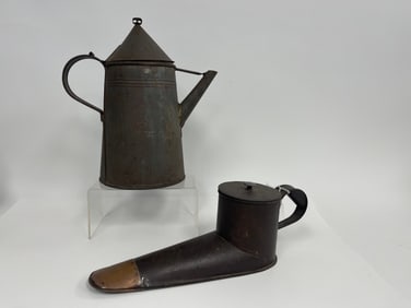 TIN COFFEE POT , RARE TIN ALE WULLER WITH COPPER TIP