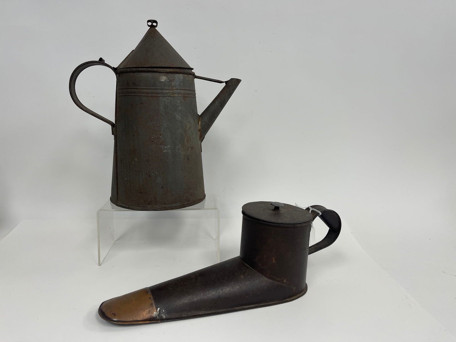 TIN COFFEE POT , RARE TIN ALE WULLER WITH COPPER TIP (1 of 2)