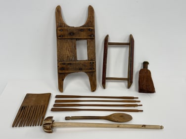 TWO PRIMITIVE WINDSORS , ONE PAINTED RED , OARS ,BRUSH , COMB