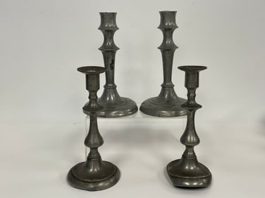 TWO PAIR PEWTER CANDLESTICKS