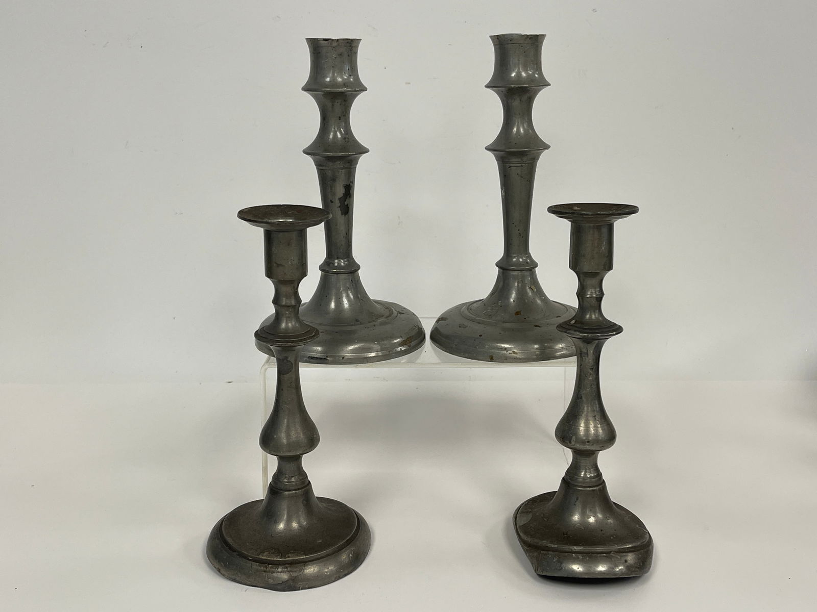 TWO PAIR PEWTER CANDLESTICKS (1 of 2)
