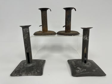TWO PAIR OF TIN AND IRON CANDLESTICKS