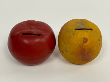 TWO POTTERY BANKS ,TOMATO , PEACH