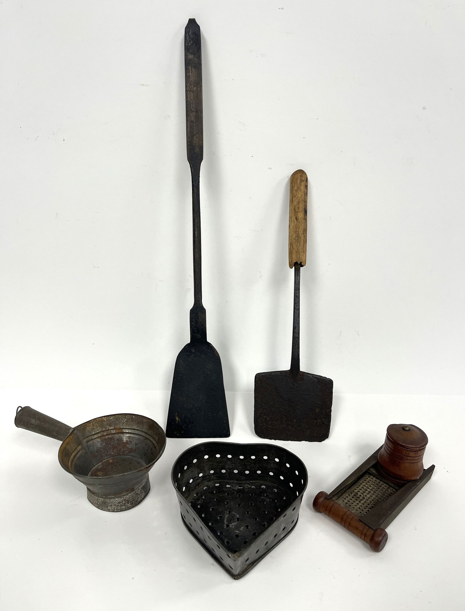 KITCHEN GROUPING,NUTMEG GRATER,TWO IRON SPATULAS SMALL TIN PAIR , HEART CHEESE MOLD (1 of 3)