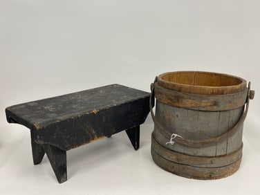 PAINTED CRICKET STOOL , PAINTED FIRKIN