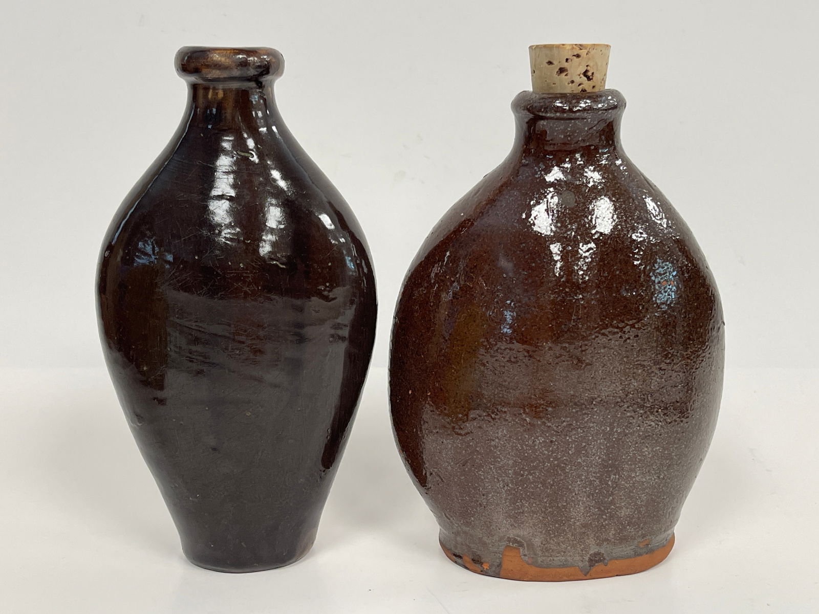 TWO GLAZED FLASKS , ONE RED WARE: TWO GLAZED FLASKS , ONE RED WARE 7" , 8"