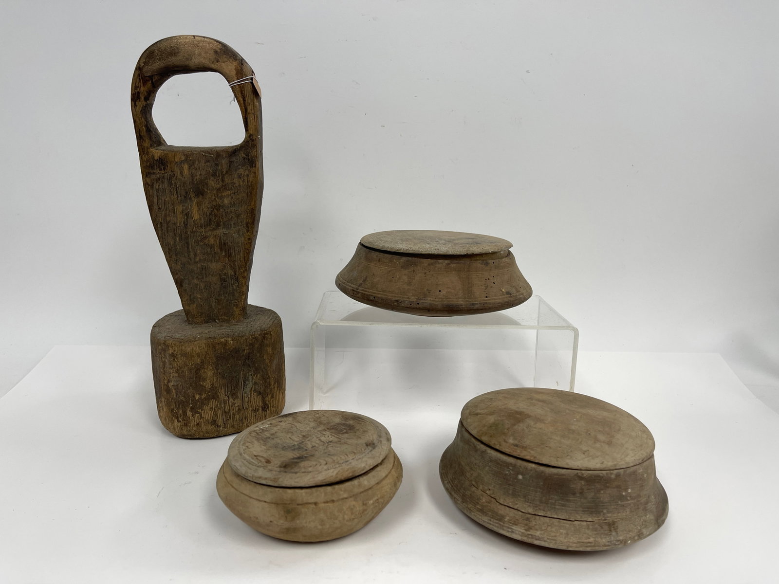 PRIMITIVE LOT,THREE COVERED BOWLS,MASHER: PRIMITIVE LOT,THREE COVERED BOWLS,MASHER