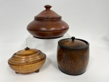 THREE COVERED TREENWARE,OAK WITH TIN LINER