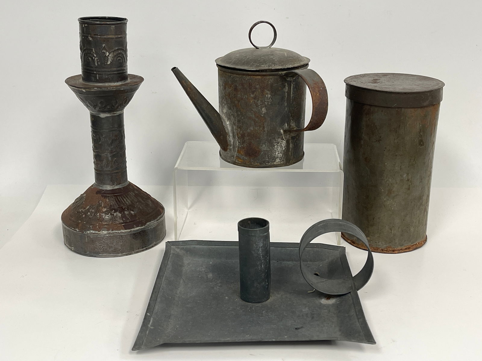 TINWARE GROUPING: TINWARE GROUPING , CANDLE DISH ,TEAPOT , CANISTER CANDLESTICK