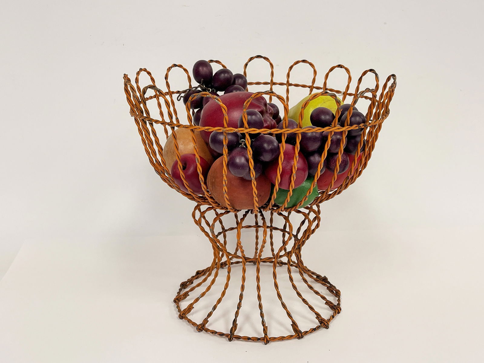 ORANGE BASKET WITH WOODEN FRUIT: ORANGE BASKET WITH WOODEN FRUIT