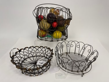 THREE WIRE BASKETS, BEADED CLOVES WIRE WORK BASKET EGG BASKET , FOLDING BASKET WITH STONE FRUIT