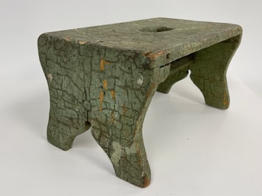 PRIMITIVE GREEN PAINTED STOOL , DOVETAILED
