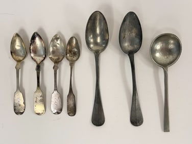 MISC GROUPING SPOONS ,COIN SILVER, PEWTER